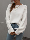 Crew Neck Cable Sleeve Smooth Knit Sweater - White
