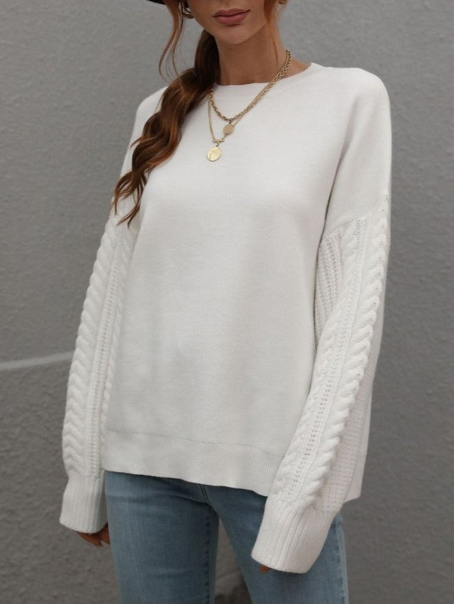 Crew Neck Cable Sleeve Smooth Knit Sweater - White - 1