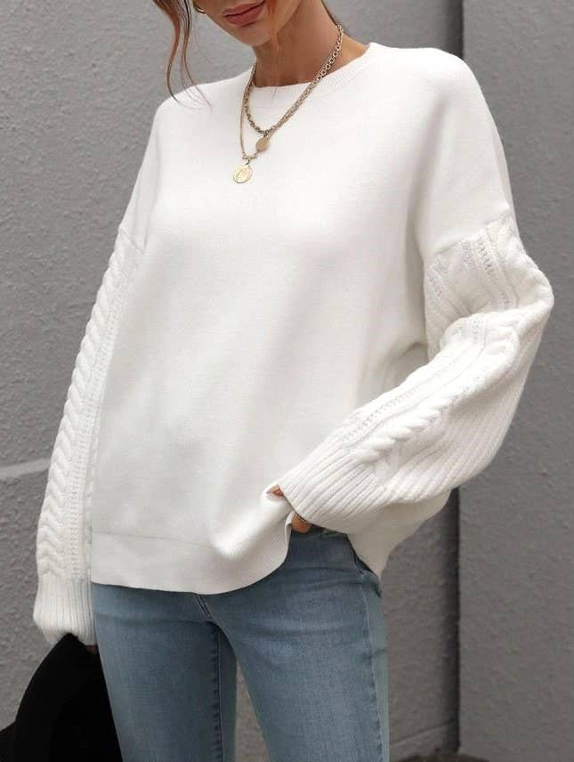 Crew Neck Cable Sleeve Smooth Knit Sweater