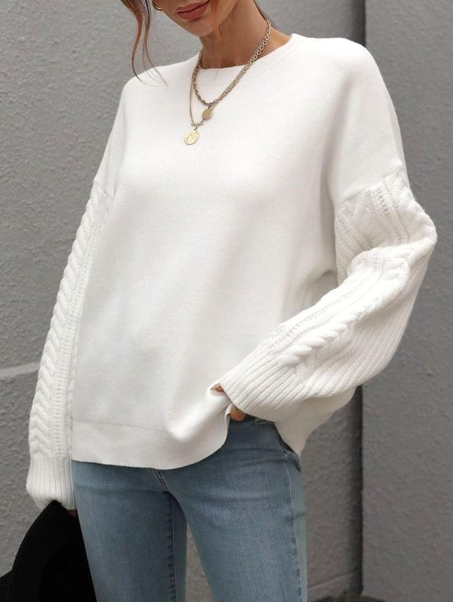 Crew Neck Cable Sleeve Smooth Knit Sweater - view 1