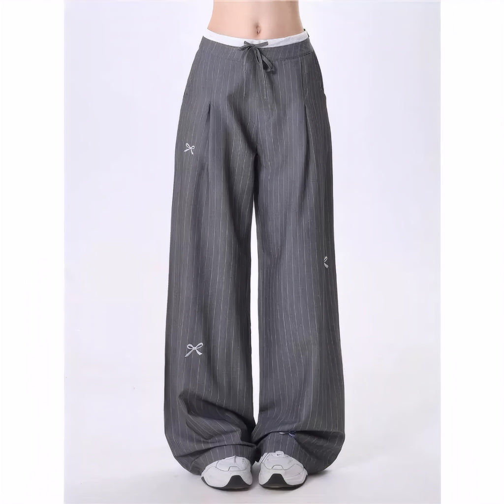 Pinstripe Drawstring Wide Leg Trousers - Gray