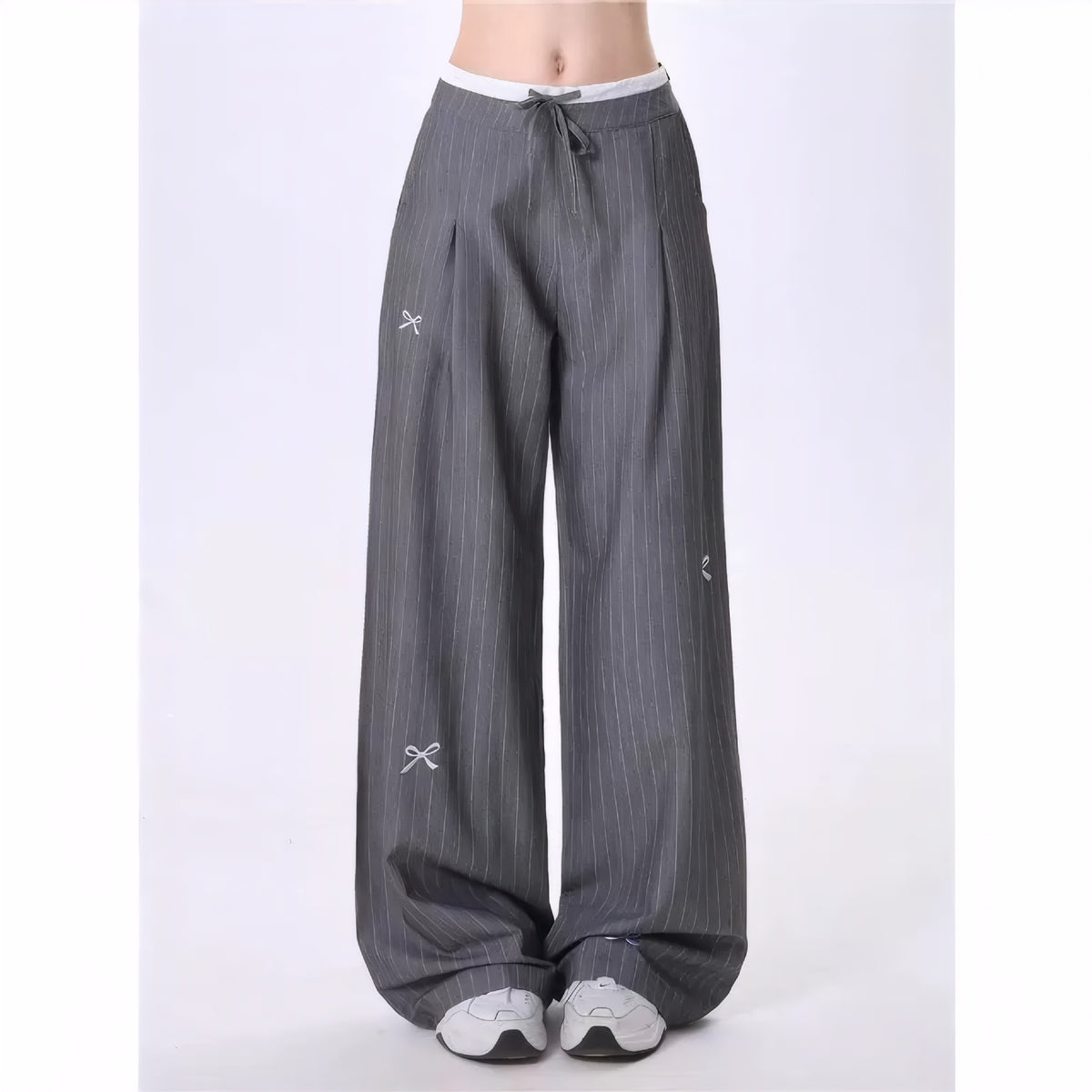 Pinstripe Drawstring Wide Leg Trousers - Gray
