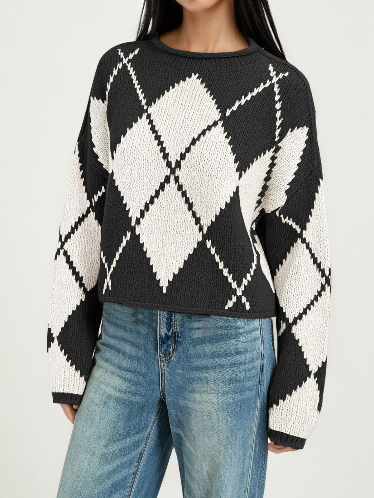Argyle Diamond Pattern Oversized Knit Sweater - Black