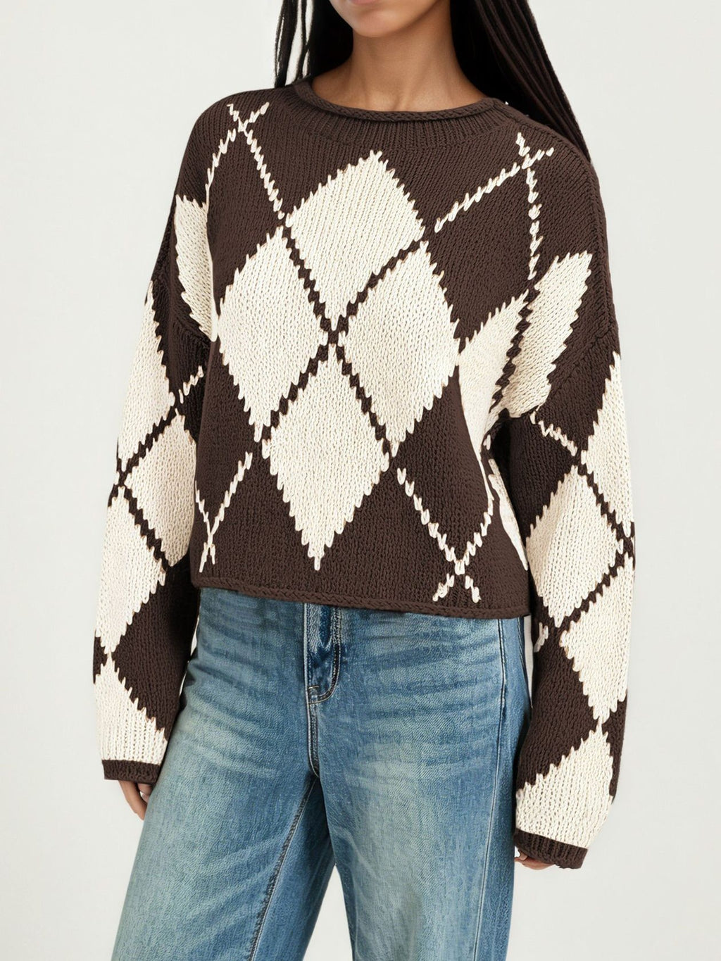 Argyle Diamond Pattern Oversized Knit Sweater - Coffee