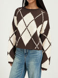 Argyle Diamond Pattern Oversized Knit Sweater - Coffee