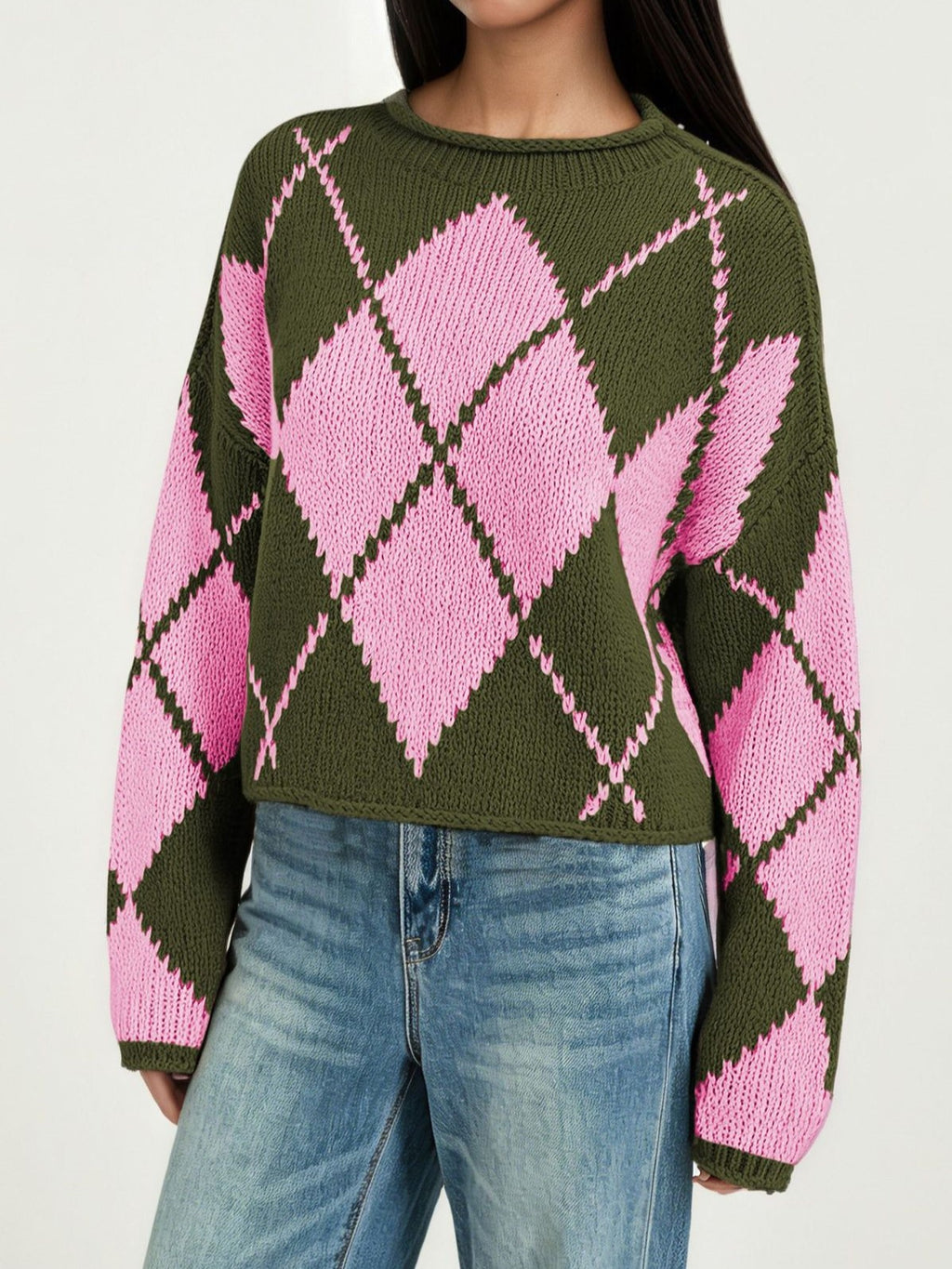 Argyle Diamond Pattern Oversized Knit Sweater - Green