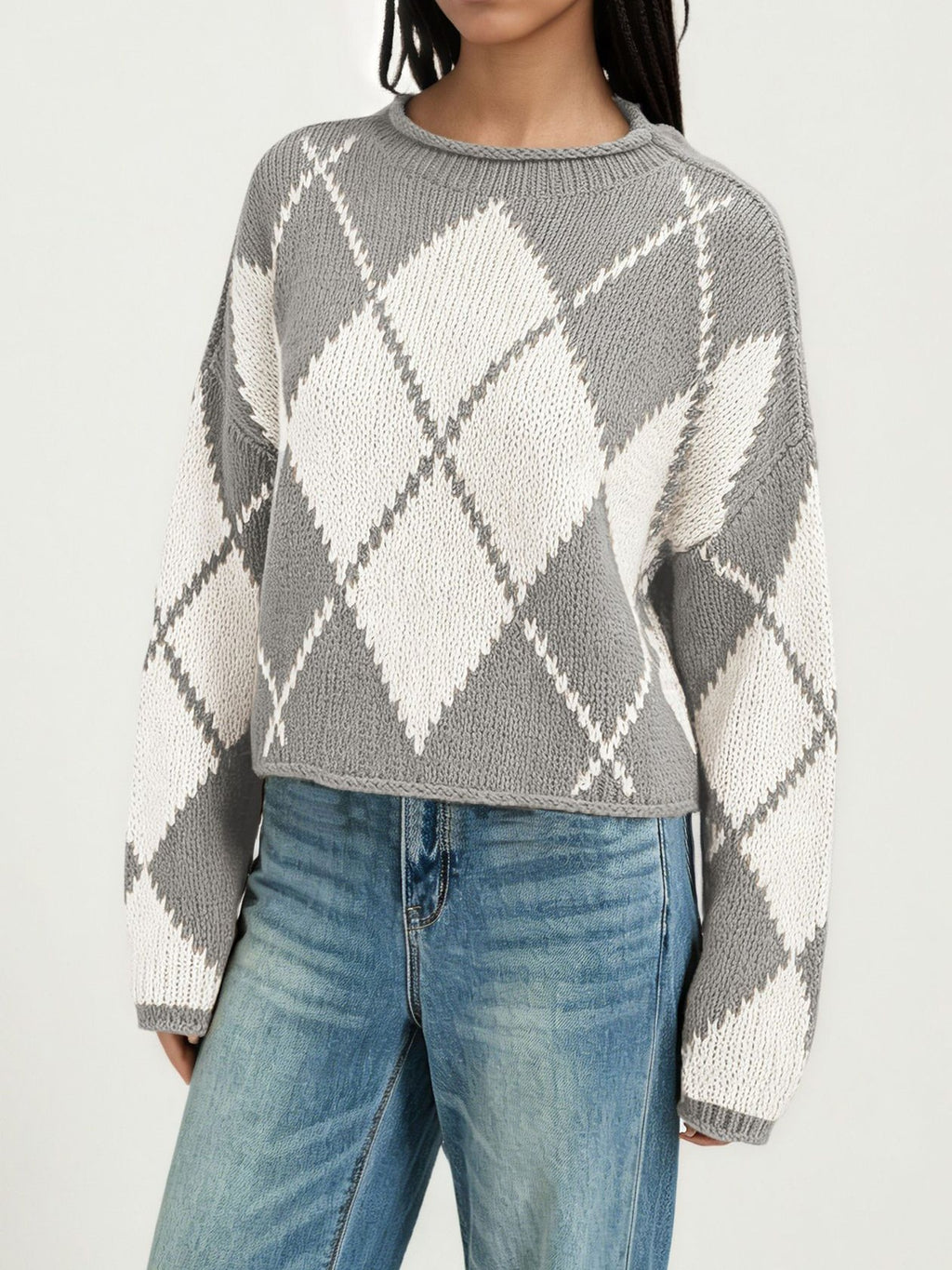 Argyle Diamond Pattern Oversized Knit Sweater - Grey