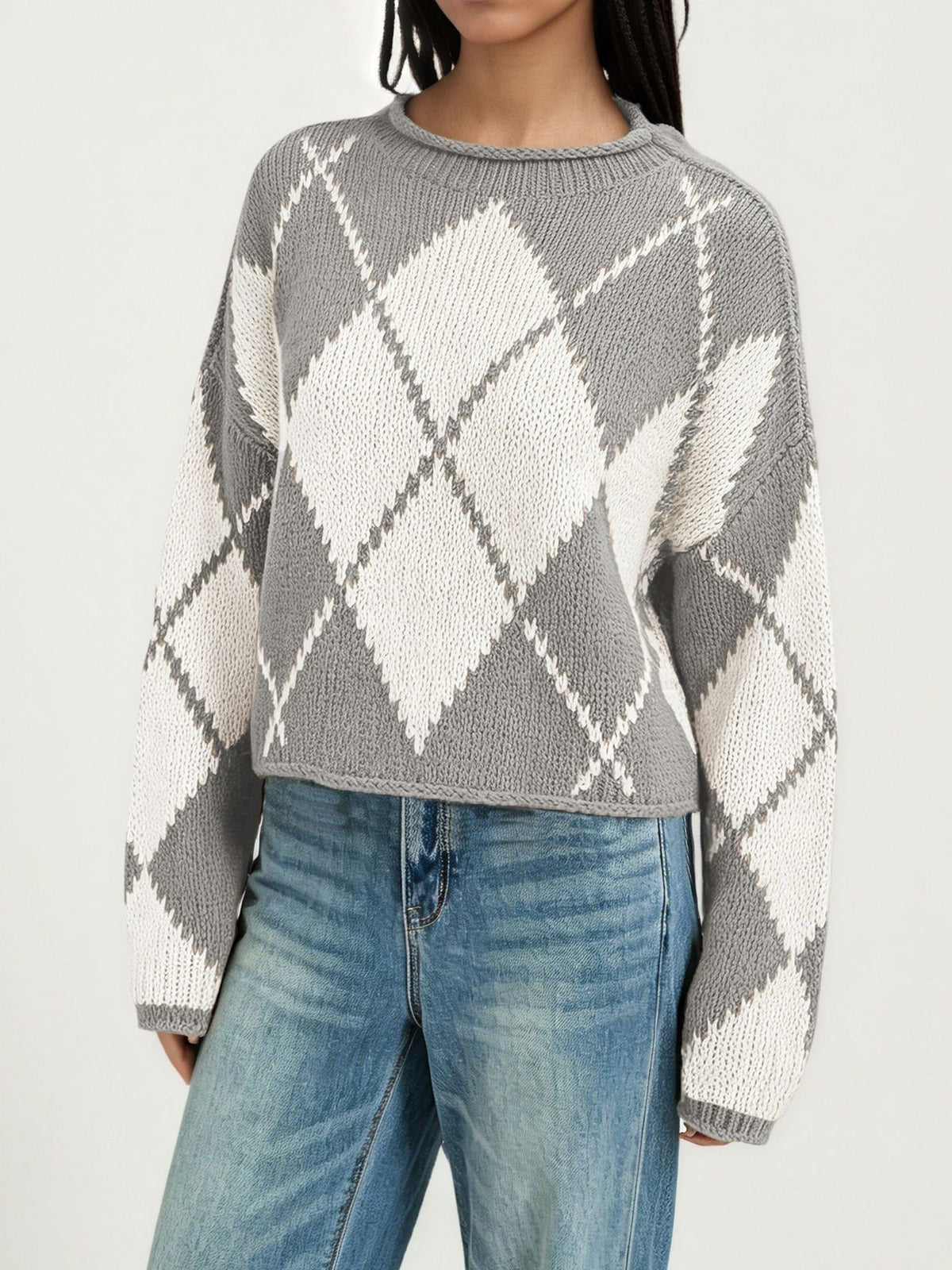 Argyle Diamond Pattern Oversized Knit Sweater - Grey