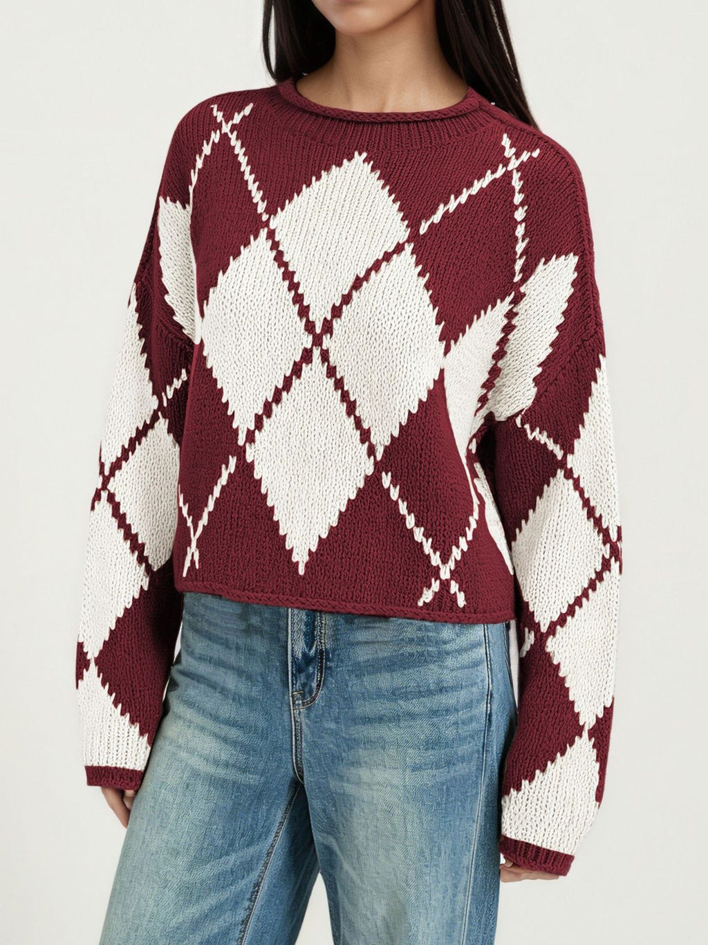 Argyle Diamond Pattern Oversized Knit Sweater - WineRed
