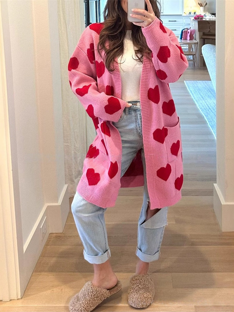 Heart Pattern Longline Knit Cardigan - Pink