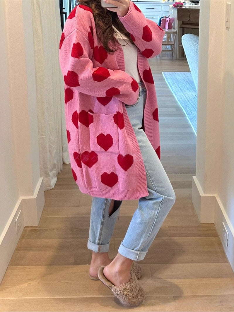 Heart Pattern Longline Knit Cardigan - Pink - 2