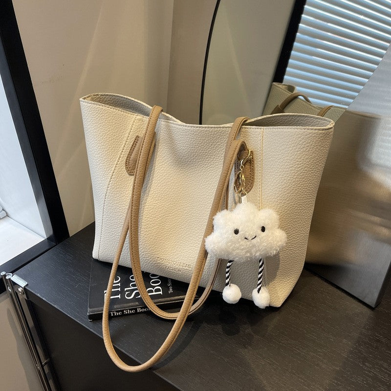 Minimalist Pebbled Faux Leather Tote Bag - Cream