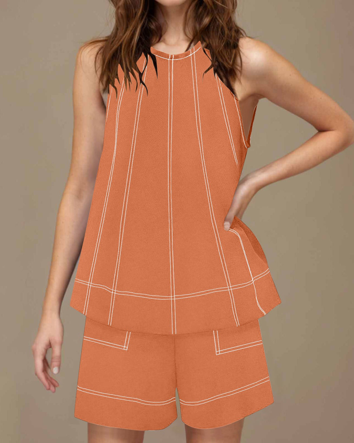 Sleeveless Topstitch Two Piece Shorts Set - Orange
