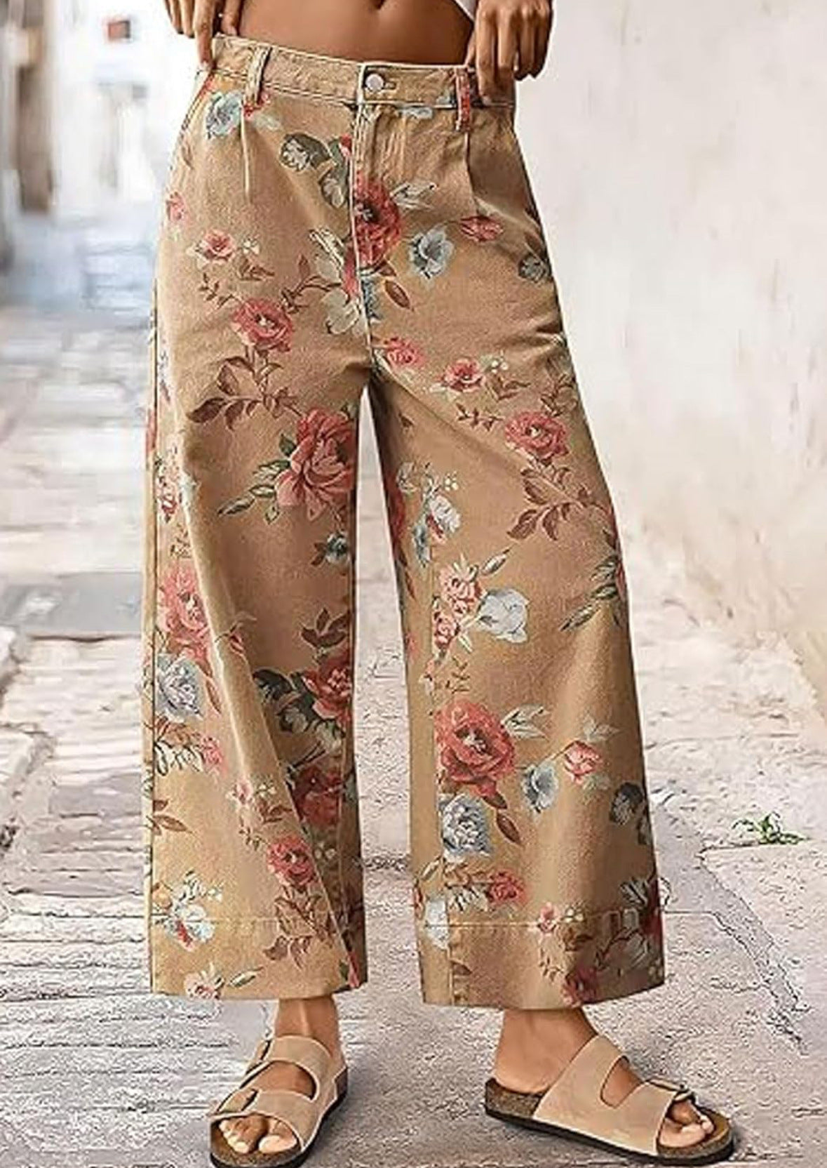 Romantic Floral Wide Leg Denim Jeans - Coffee