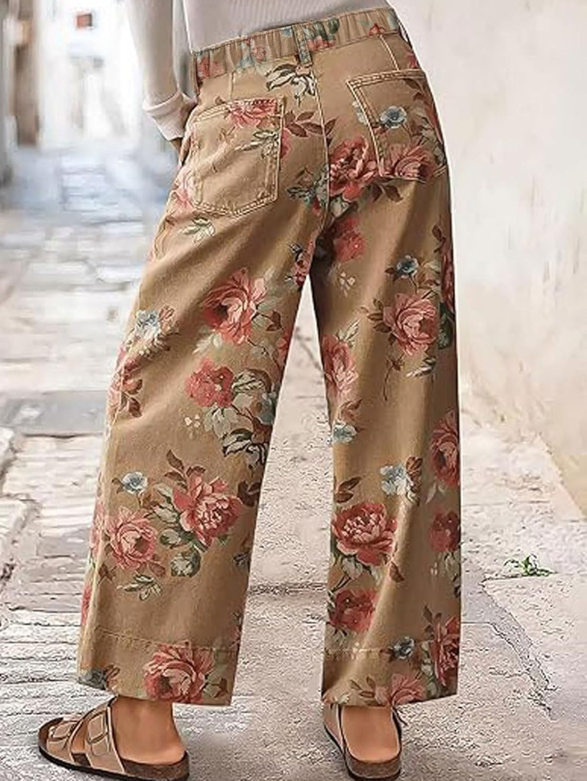 Romantic Floral Wide Leg Denim Jeans - Coffee - 1