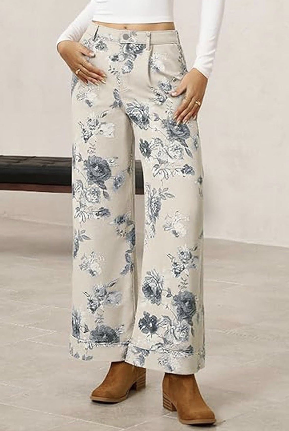 Romantic Floral Wide Leg Denim Jeans - White