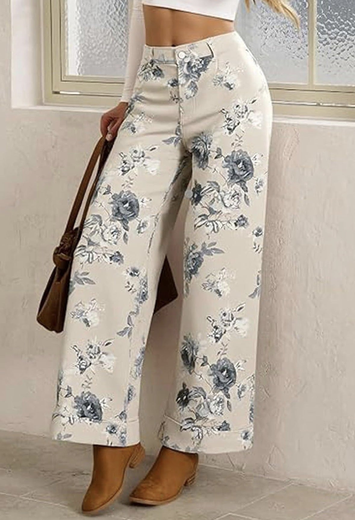 Romantic Floral Wide Leg Denim Jeans - White - 1