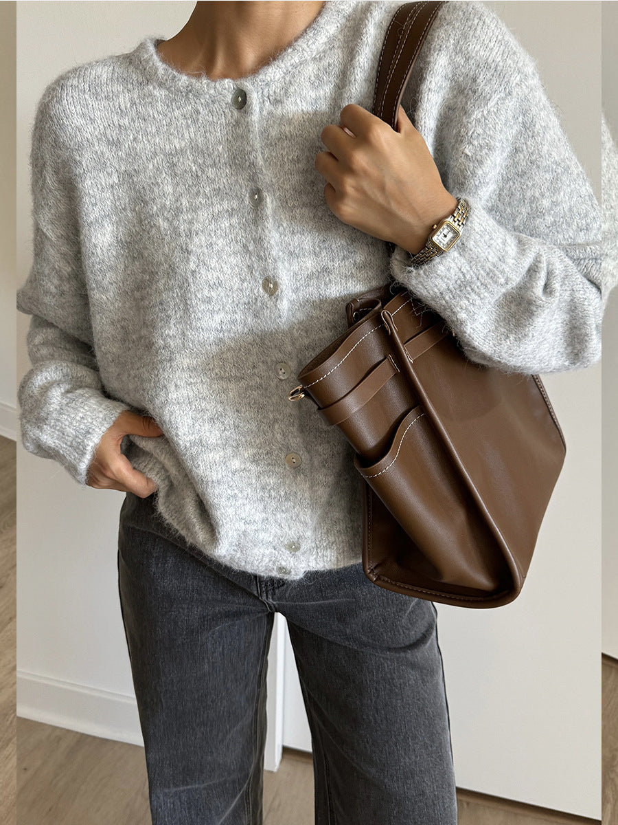 Round Neck Button Knit Cardigan - Grey