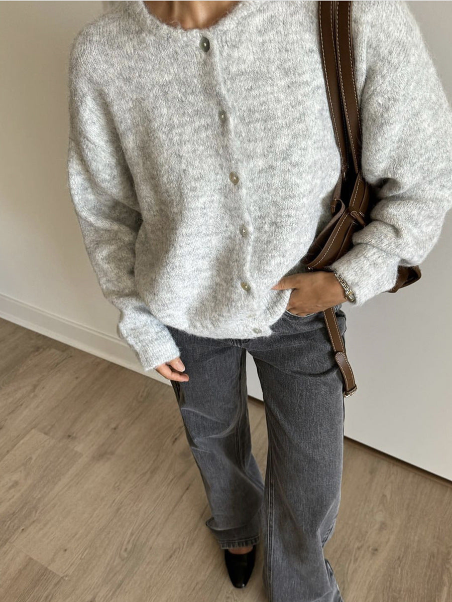 Round Neck Button Knit Cardigan - Grey - 1