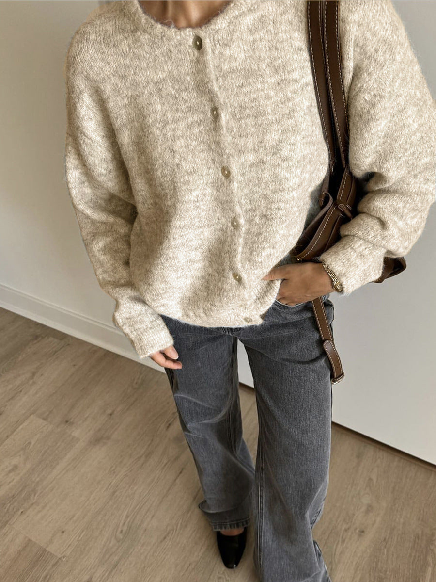 Round Neck Button Knit Cardigan - Khaki