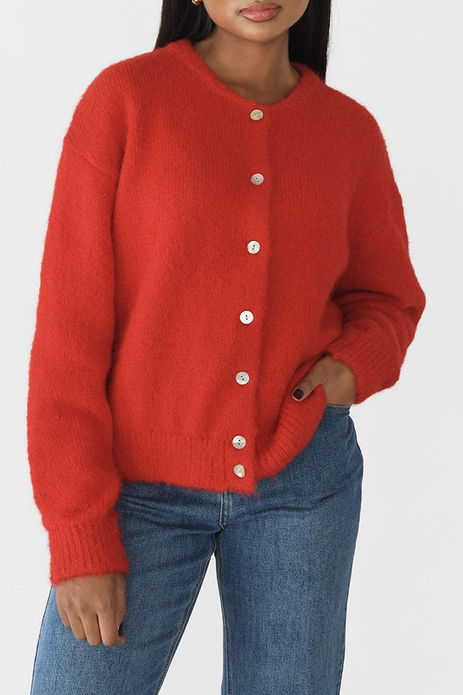 Round Neck Button Knit Cardigan - red