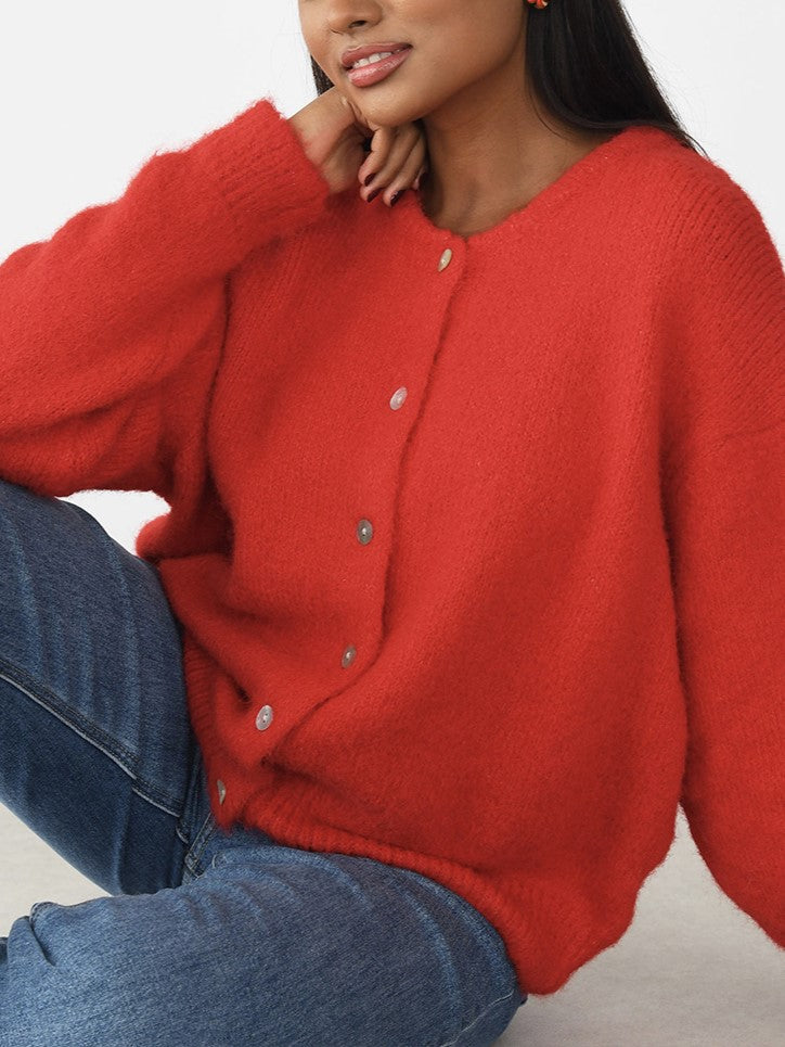 Round Neck Button Knit Cardigan - red - 2