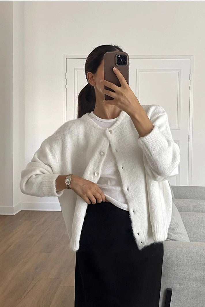 Round Neck Button Knit Cardigan - white