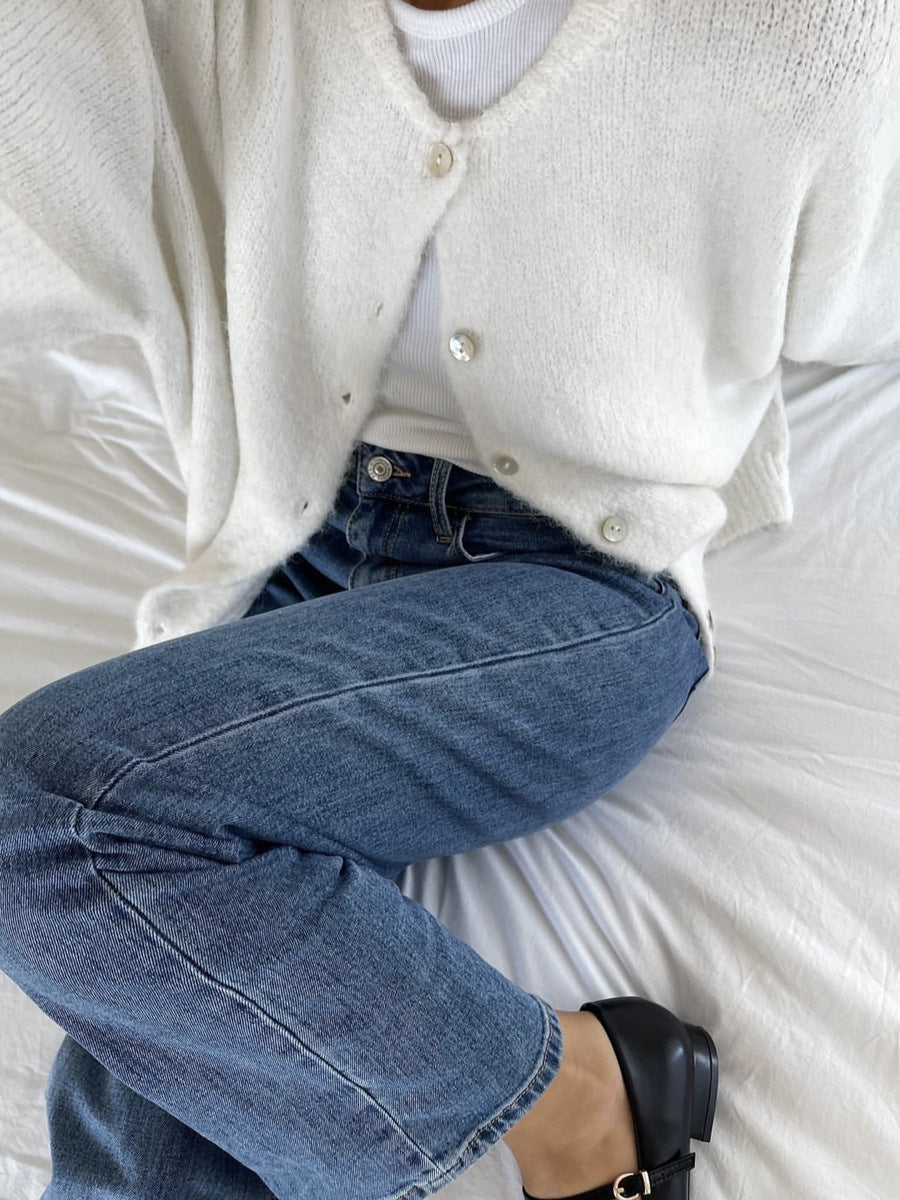 Round Neck Button Knit Cardigan - white - 1