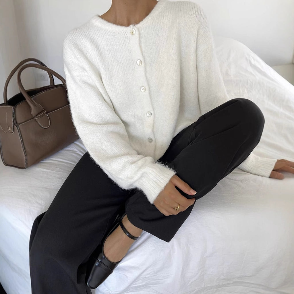 Round Neck Button Knit Cardigan - white - 2
