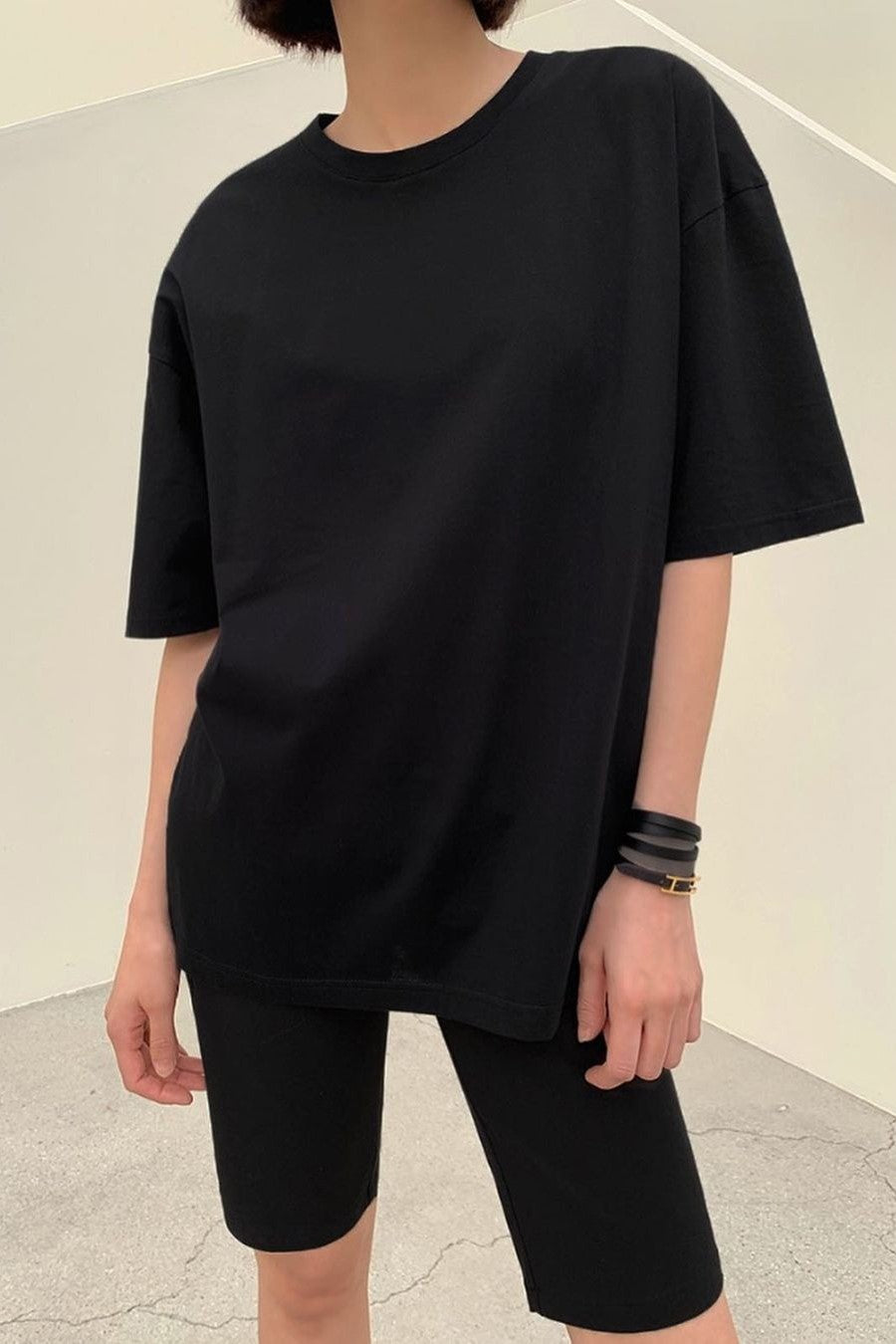 Relaxed Drop Shoulder Cotton Crew Tee - Black