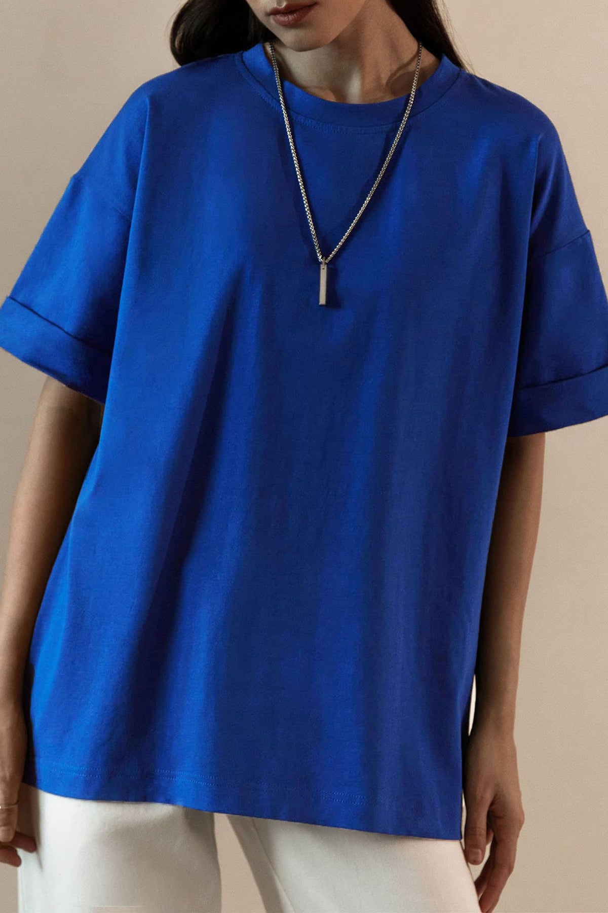 Relaxed Drop Shoulder Cotton Crew Tee - Blue