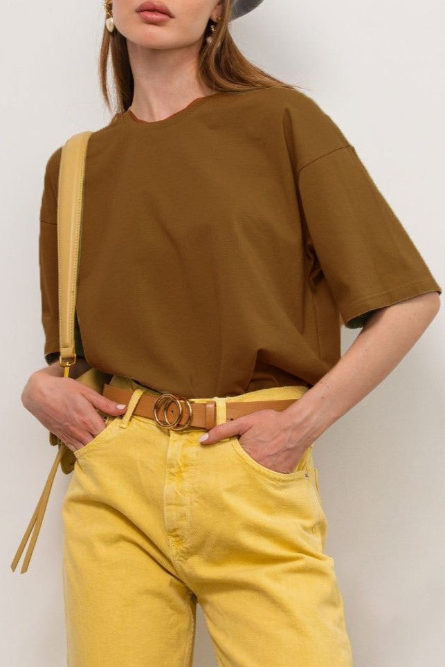 Relaxed Drop Shoulder Cotton Crew Tee - Coffee