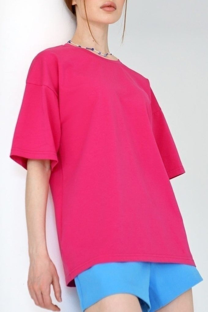 Relaxed Drop Shoulder Cotton Crew Tee - Fuchsia