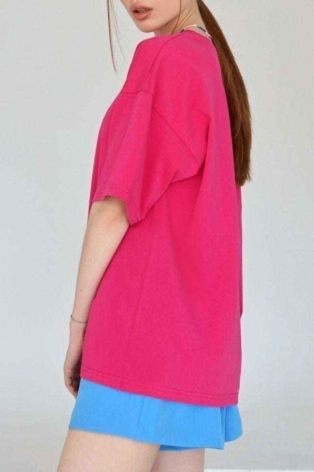 Relaxed Drop Shoulder Cotton Crew Tee - Fuchsia - 1