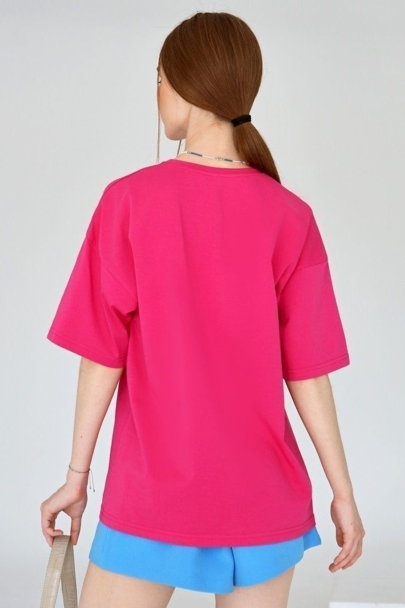 Relaxed Drop Shoulder Cotton Crew Tee - Fuchsia - 2