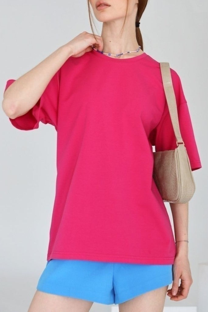 Relaxed Drop Shoulder Cotton Crew Tee - Fuchsia - 3