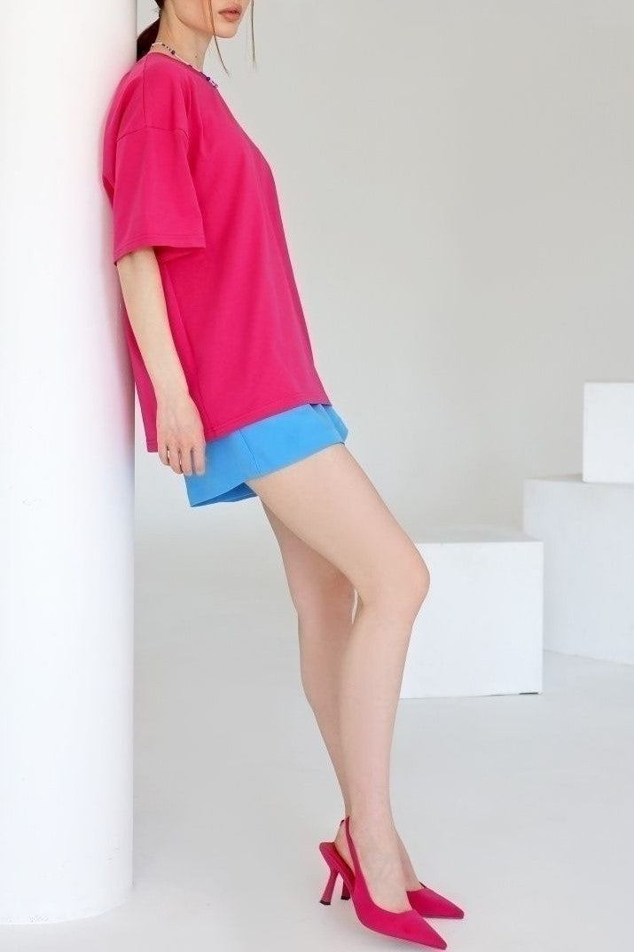 Relaxed Drop Shoulder Cotton Crew Tee - Fuchsia - 4