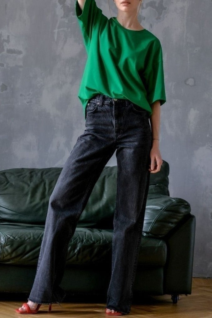 Relaxed Drop Shoulder Cotton Crew Tee - Green - 1