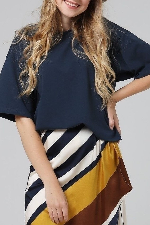Relaxed Drop Shoulder Cotton Crew Tee - Navy - 1