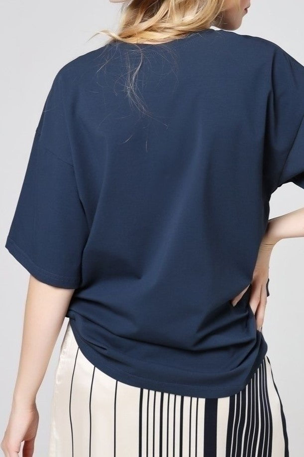 Relaxed Drop Shoulder Cotton Crew Tee - Navy - 2