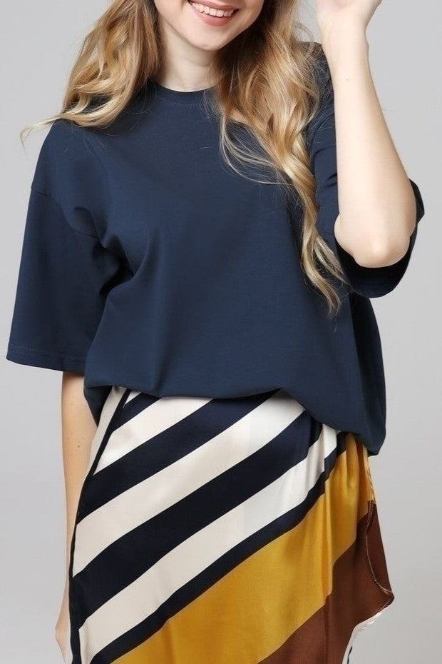 Relaxed Drop Shoulder Cotton Crew Tee - Navy - 4