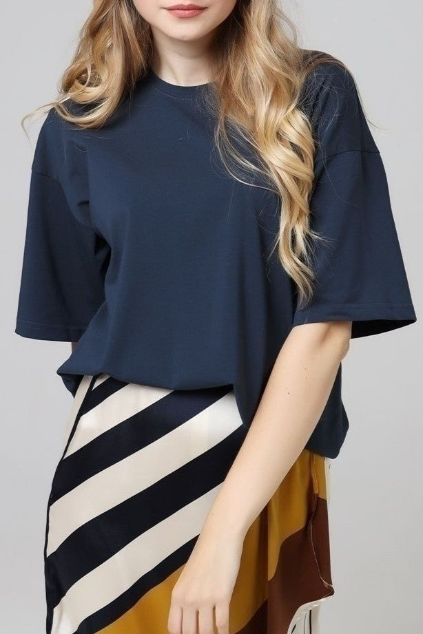 Relaxed Drop Shoulder Cotton Crew Tee - Navy - 5