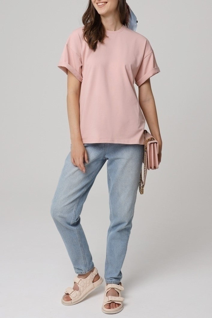 Relaxed Drop Shoulder Cotton Crew Tee - Pink - 1