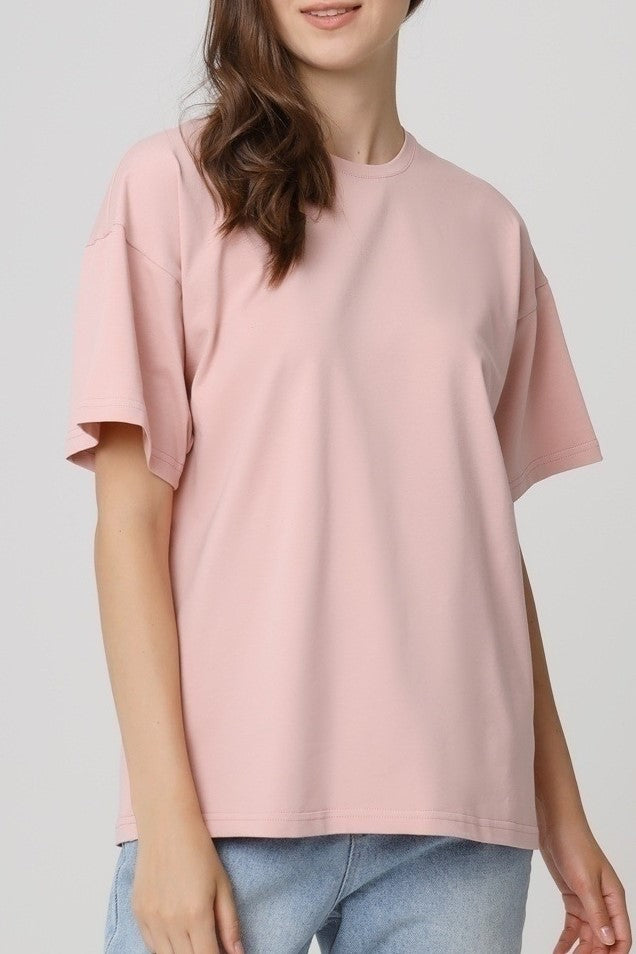 Relaxed Drop Shoulder Cotton Crew Tee - Pink - 2