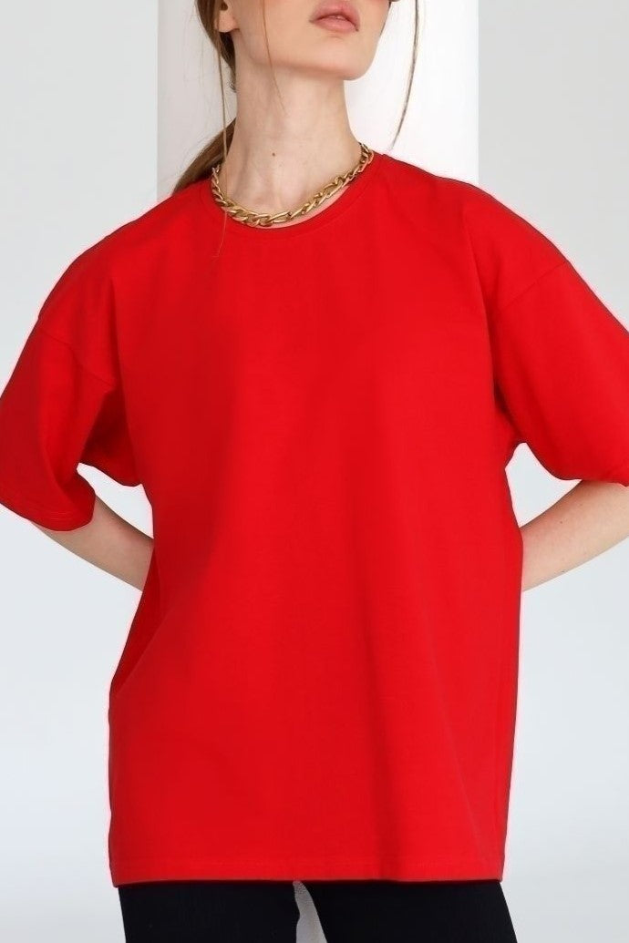 Relaxed Drop Shoulder Cotton Crew Tee - Red
