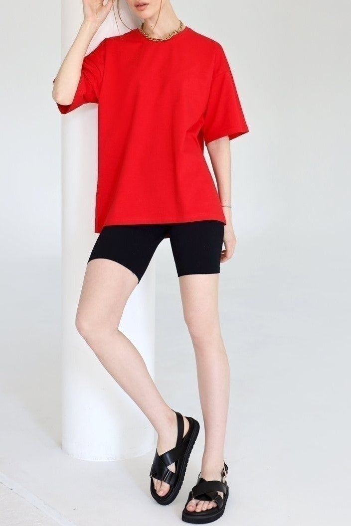 Relaxed Drop Shoulder Cotton Crew Tee - Red - 2