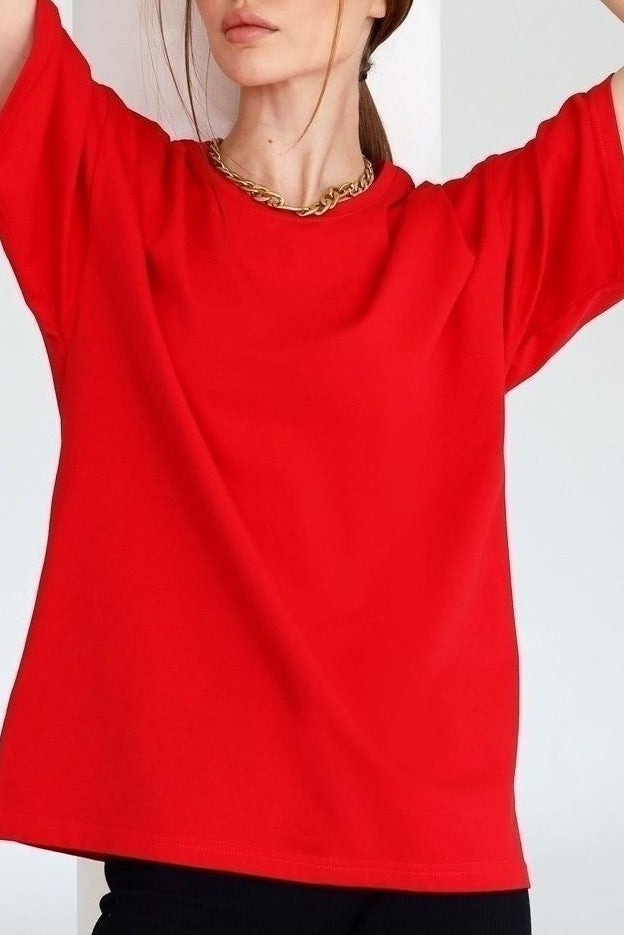 Relaxed Drop Shoulder Cotton Crew Tee - Red - 3