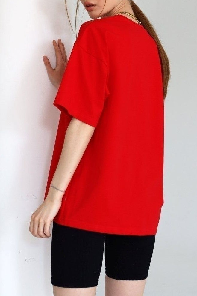 Relaxed Drop Shoulder Cotton Crew Tee - Red - 4