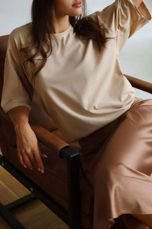 Relaxed Drop Shoulder Cotton Crew Tee - Tan