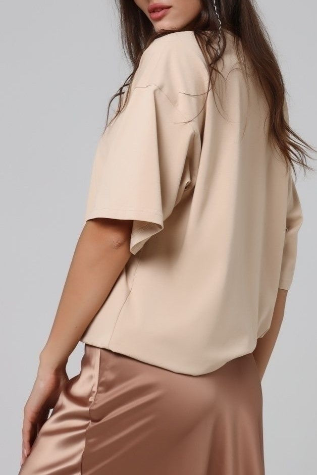 Relaxed Drop Shoulder Cotton Crew Tee - Tan - 1